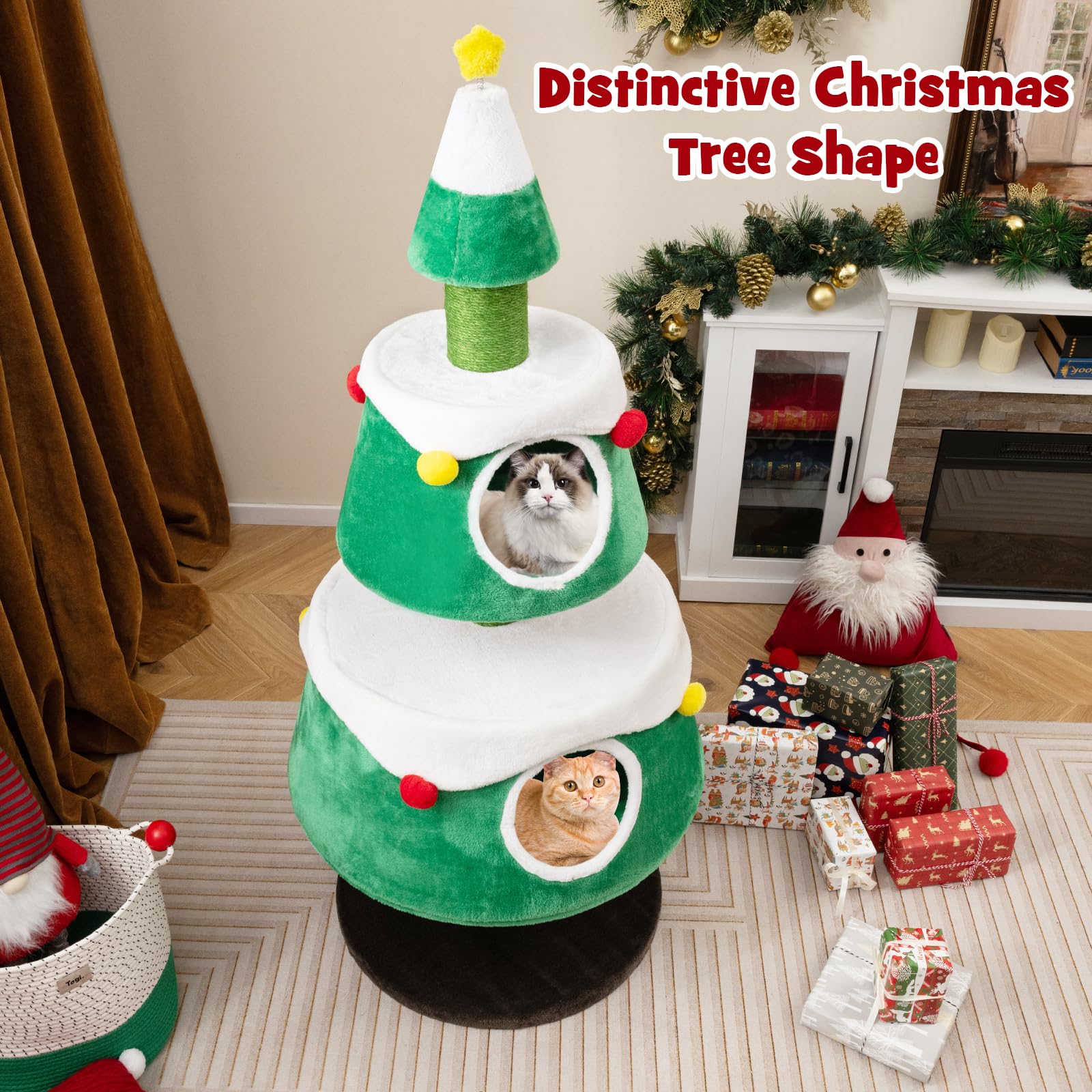 Petsite 60 Inch Christmas Cat Tree, Cute Cat Tower With 2 Condos, Sisal Scratching Posts, Spring Toy, Removable Beds, Modern Hol